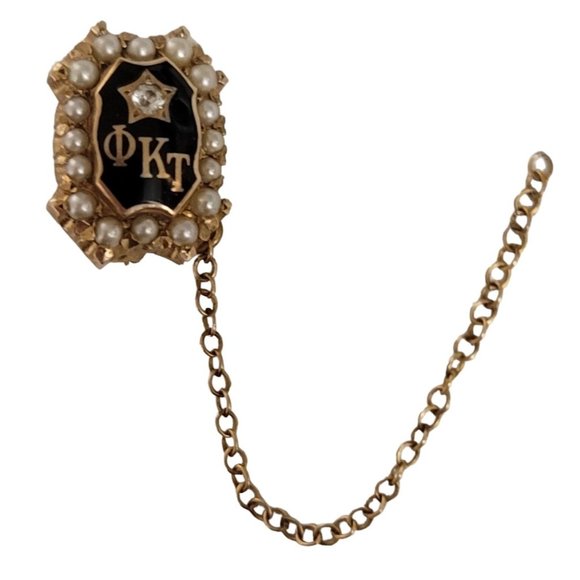 10K Yellow Gold Phi Kappa Tau Diamond Seed Pearl Lapel Pin Brooch E48 - Picture 2 of 10